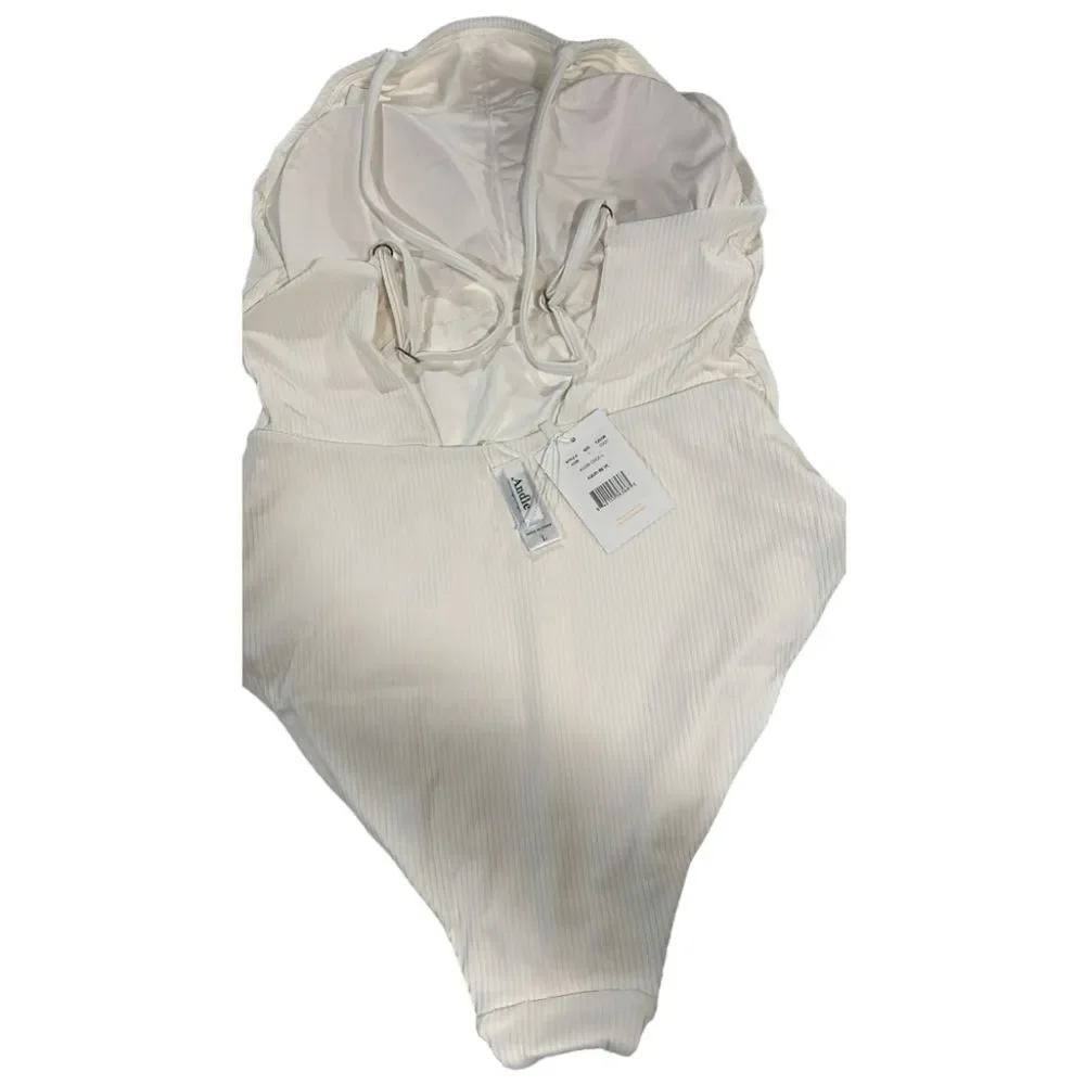 Andie‎ Swim 19B NWT Asbury Rib One Piece Swimsuit High Neck Coconut White Large